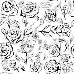 Black and white seamless pattern with black roses.