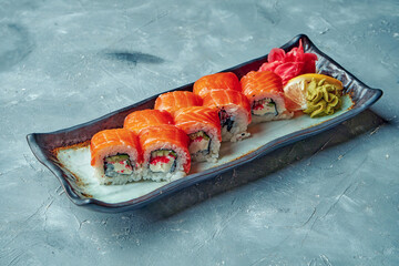 Japanese sushi roll philadelphia with cream cheese, salmon and tobiko caviar in a white plate on a gray background