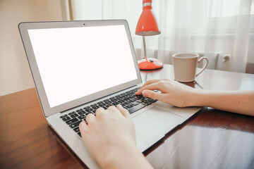 Woman working from home because of the coronavirus and blank laptop screen. Woman is using computer with empty space for your text.