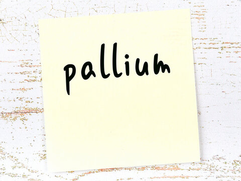 Yellow Sticky Note On Wooden Wall With Handwritten Word Pallium