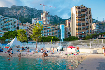 Monaco-Montecarlo, wonderful city of the cote-d‚ÄôAzur with its marine and architectures, Larvotto Beach,  in a sunny day with blue sky - obrazy, fototapety, plakaty