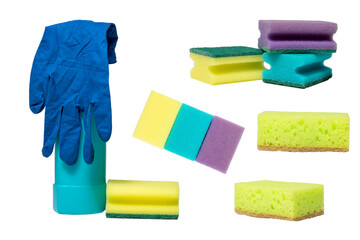 sponges, gloves and cleaning agent isolate on white background. cleaning products