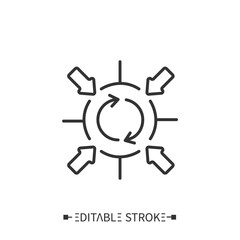 Corporate synergy bias icon. Circular flow surrounded by arrows. Outline drawing. Overestimating benefits and underestimating costs concept. Isolated vector illustrations. Editable stroke 