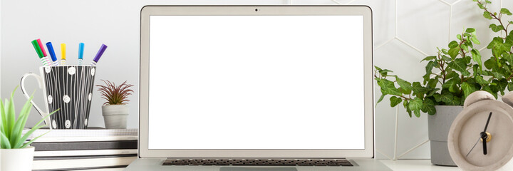 Business desk. Open laptop. Screen mockup. Copy space. Office utensils and plants in pots. Panorama.