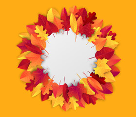 Autumn banner with red and orange leaves wreath. Free empty space for text. Advertisement promo. Vector illustration.