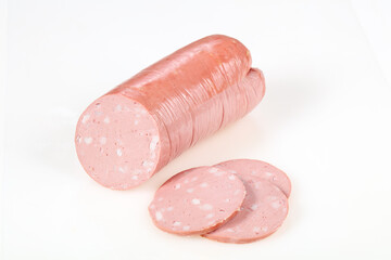 Tasty meat sausages over white background