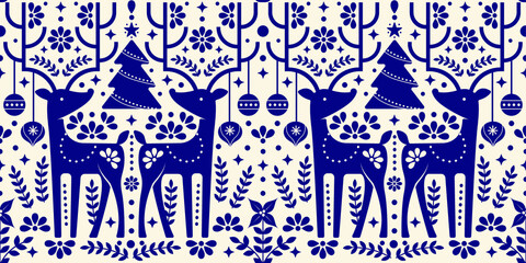 Christmas pattern with deer that has bohemian/mexican style design. Perfect for holiday wrapping paper, wallpaper, post card, etc