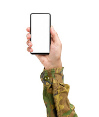 Man hand presenting a smart phone screen application isolated on a white background