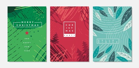 Merry Christmas greeting cards collection. Winter and holiday theme templates suitable for brochure covers, social media posts, web ads, page designs. Vector illustration.