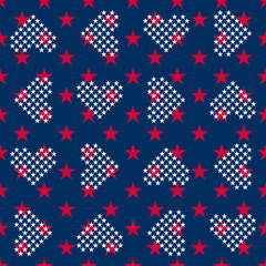 Seamless vector pattern with white stars forming hearts on a blue background. Free interpretation of the US flag symbols and colours. Suitable for posters, postcards, fabric or wrapping paper.