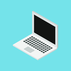 A simple vector isometric illustration of a white laptop with black screen on blue bakground.