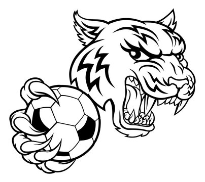 A tiger soccer football player cartoon animal sports mascot holding a ball in its claw