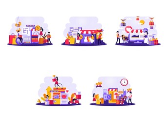 collection of illustrations of tiny people with the concept of a shopping theme. Vector illustration