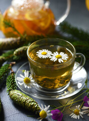 Herbal summer  tea with fruit on a dark background