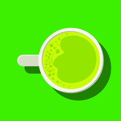 Fototapeta premium A vector illustration of a cup with matcha tea on a green background. Japanese green matcha tea flat design vector with shadow.