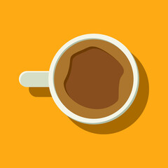 Vector cup of hot coffee on yellow background flat design.