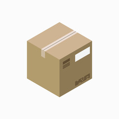 A vector illustration of a brown isometric box with tape on white background. Cardboard package symbol.