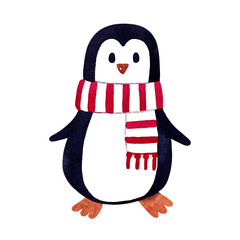 Cute penguin with stripped scarf. Funny animal. Isolated hand painted watercolor illustration on white background