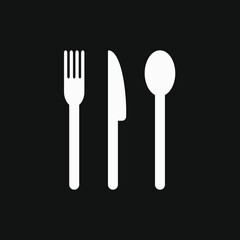 A white vector icon of cutlery on black background. Fork, spoon, and knife vector illustration.