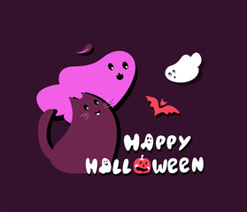 Halloween Bright Greeting Card with Funny Spooky Ghosts,Cat,Bat and Happy Halloween Text.Party Invitation.Creative Celebration Poster.Flat Design.Allhallows Template.All Saints Day Vector Illustration