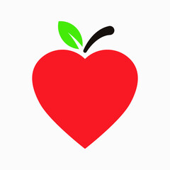 A vector icon of a red heart shaped apple with green leaf on white background.
