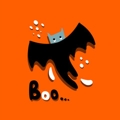 Halloween Bright Greeting Card with Funny Black Bat Vampire on Orange Background and Boo Text.Party Invitation. Happy Halloween Celebration Text Poster.Flat Design. All Saints Day Vector Illustration.