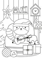 Christmas coloring page with Little raccoon plays the guitar. Kids Coloring page