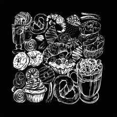 Vector illustration. Postcards in the style of drawing a line. Delicious pastries, croissants, cookies, donuts, muffins, hot coffee and mulled wine. Images for menus and banners. Black and white graph