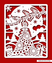 Christmas picture with tree, gifts, santa in a sleigh, deer, snowflakes, night stars, drifts, clouds, moon. Template for laser cutting (cnc), wood carving, paper cut or printing. Vector illustration.
