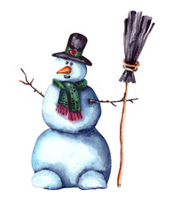 Watercolor illustration symbol of a happy Christmas and New year. funny snowman in a black hat with branches instead of hands with a broom in his hands, with a carrot instead of a nose. Isolated on a 