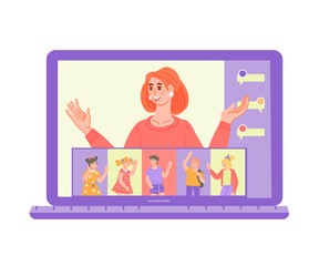 Internet technology of children education and online school banner with kids and teachers chat. Early education, e-learning and online programs for children, flat vector illustration isolated.