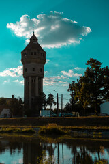 Fototapeta premium Silhouette view of the Iosefin old water tower, near the Bega river