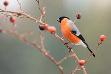 Male eurasian bullfinch, pyrrhula pyrrhula, sitting on rosehip in autumn. Colorful bird looking on twig with thorns in fall. Small animal with orange feathers watching on tiny bough with red fruit.
