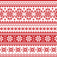 Christmas Scandinavian vector seamless pattern - red and white festive knnitting, cross-stitch design with snowflakes
