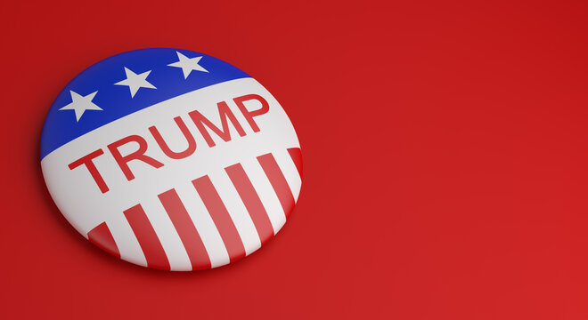 Bengkulu, Indonesia - October 01, 2020: Vote election campaign badge button Trump on red background, copy space text, 3D rendering illustration.