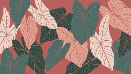 Tropical forest art deco wallpaper. Floral pattern with exotic flowers and leaves, split-leaf Philodendron plant ,monstera plant, Jungle plants line art on trendy background. Vector illustration.. © TWINS DESIGN STUDIO