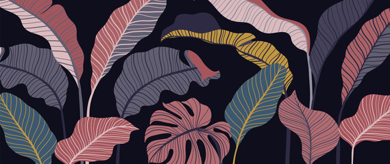 Tropical forest art deco wallpaper. Floral pattern with exotic flowers and leaves, split-leaf Philodendron plant ,monstera plant, Jungle plants line art on trendy background. Vector illustration.. © TWINS DESIGN STUDIO