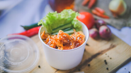 crispy chicken sprinkled with barbeque sauce