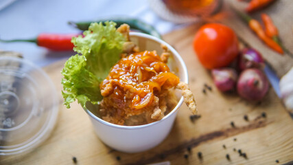 crispy chicken sprinkled with barbeque sauce