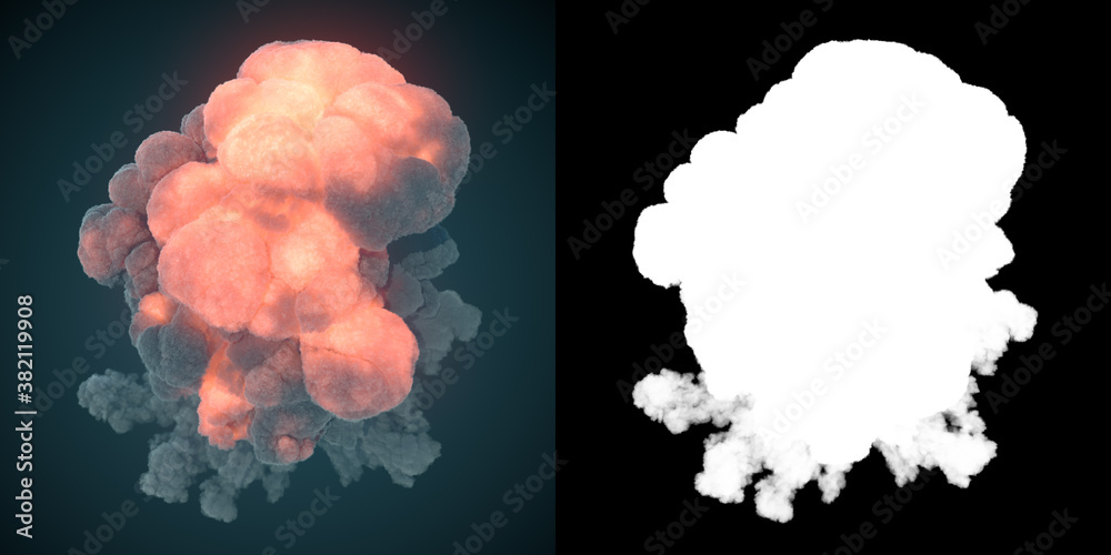 Poster 3d render illustration of explosion. Background with alpha channel. Glow effect