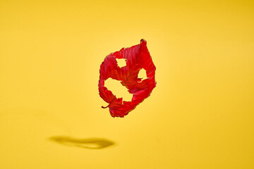 Spooky red leaf with halloween face falling on bold yellow background. October seasonal holiday