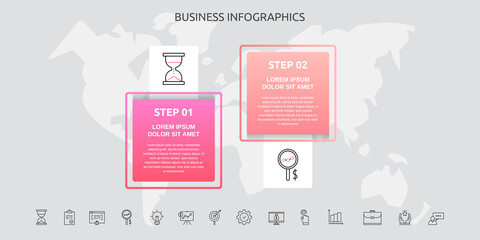 Infographics squares with 2 steps, icons. Vector template used for diagram, business, web, banner, workflow layout, presentations, flowchart, info graph, timeline, content, levels, processes diagram