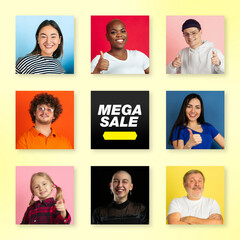 Bright portrait of people on multicolored background. Collage made of 8 models. Concept of human emotions, facial expression, advertising. Happy, smiling, cheerful, successful. Diversity. Mega sale