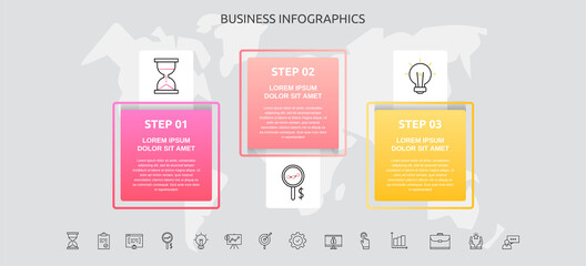 Fototapeta na wymiar Infographics squares with three steps, icons. Vector template used for diagram, business, banner, workflow layout, presentations, flowchart, info graph, timeline, content, levels, processes diagram