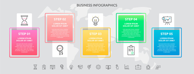 Infographics squares with 5 steps, icons. Vector template used for diagram, business, web, workflow layout, presentations, flowchart, info graph, timeline, content, levels, chart, processes diagram