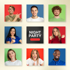 Fototapeta na wymiar Bright portrait of people on multicolored background. Collage made of 8 models. Concept of human emotions, facial expression, advertising. Happy, smiling, cheerful, successful. Diversity. Night party