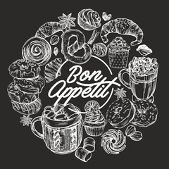 Line drawing style. Delicious pastries, croissants, cookies, donuts, muffins, hot coffee and mulled wine. Images for menus and banners. Postcards Bon appetit.