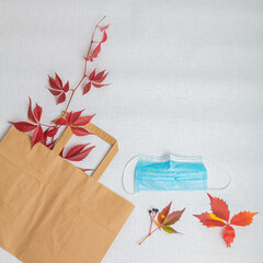 Red leaves of grapes, a paper bag and a medical mask. Vertically. On a white background. View from above . Autumn layout.