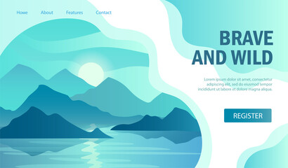 Scenic landscape banner for travel Agency advertising. Vector illustration. Landing page or web page template.