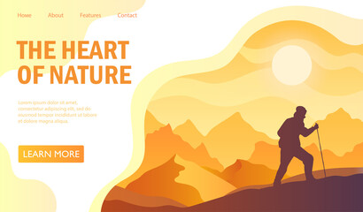 Naklejka premium Scenic landscape banner for travel Agency advertising. Vector illustration. Landing page or web page template.